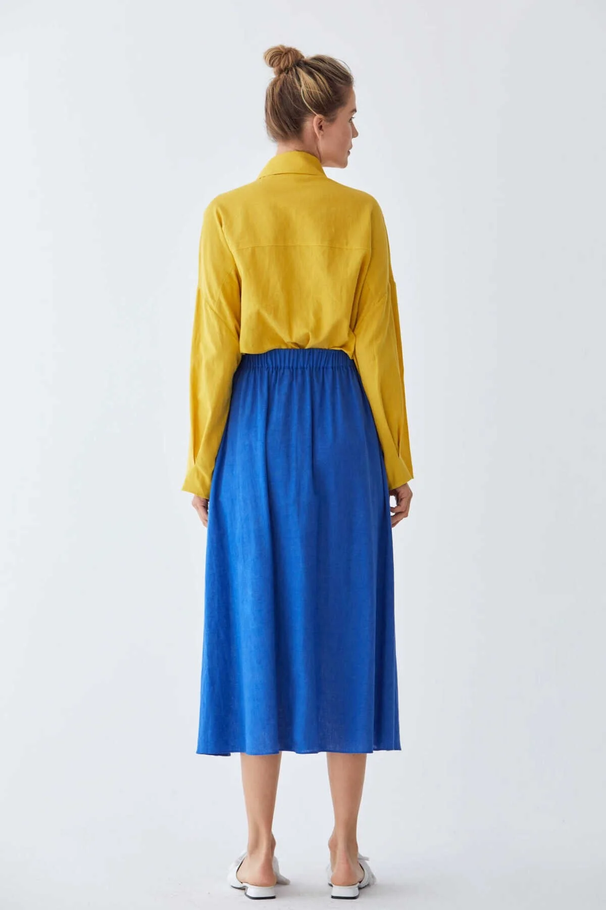 Belden Büzgülü Uzun Etek Saks - 2