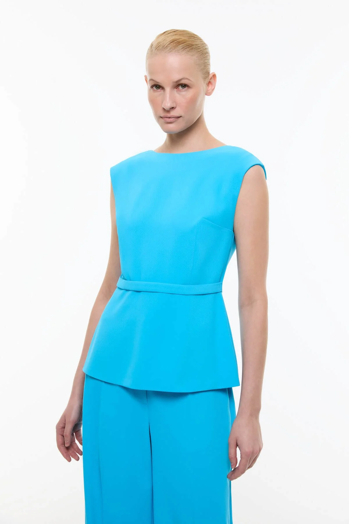 Bele Oturan Şerit Detaylı Vatkalı Bluz Mavi - 1