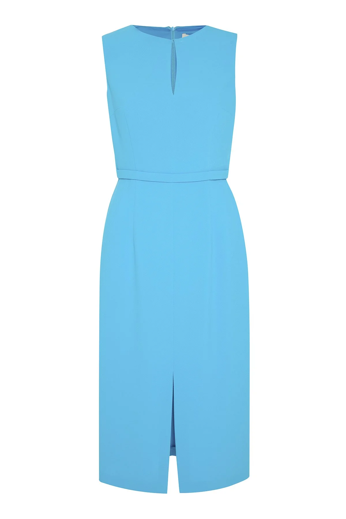 Bele Oturan Şerit ve Yırtmaç Detaylı Midi Boy Elbise Mavi - 5