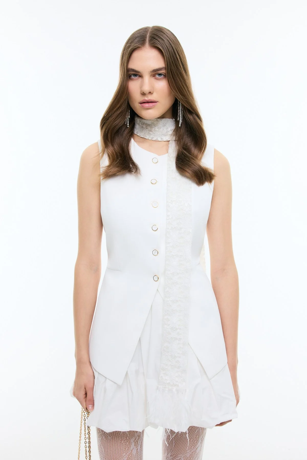 Bele Oturan Toka Detaylı Yelek Beyaz - 1