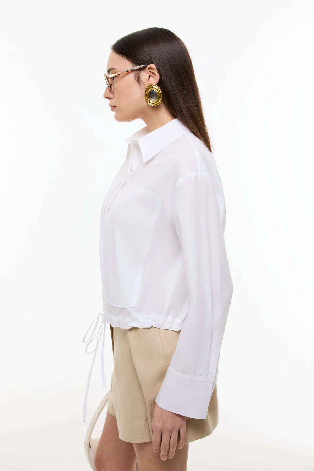 Beli Bağcıklı Uzun Kol Poplin Gömlek Beyaz - 3