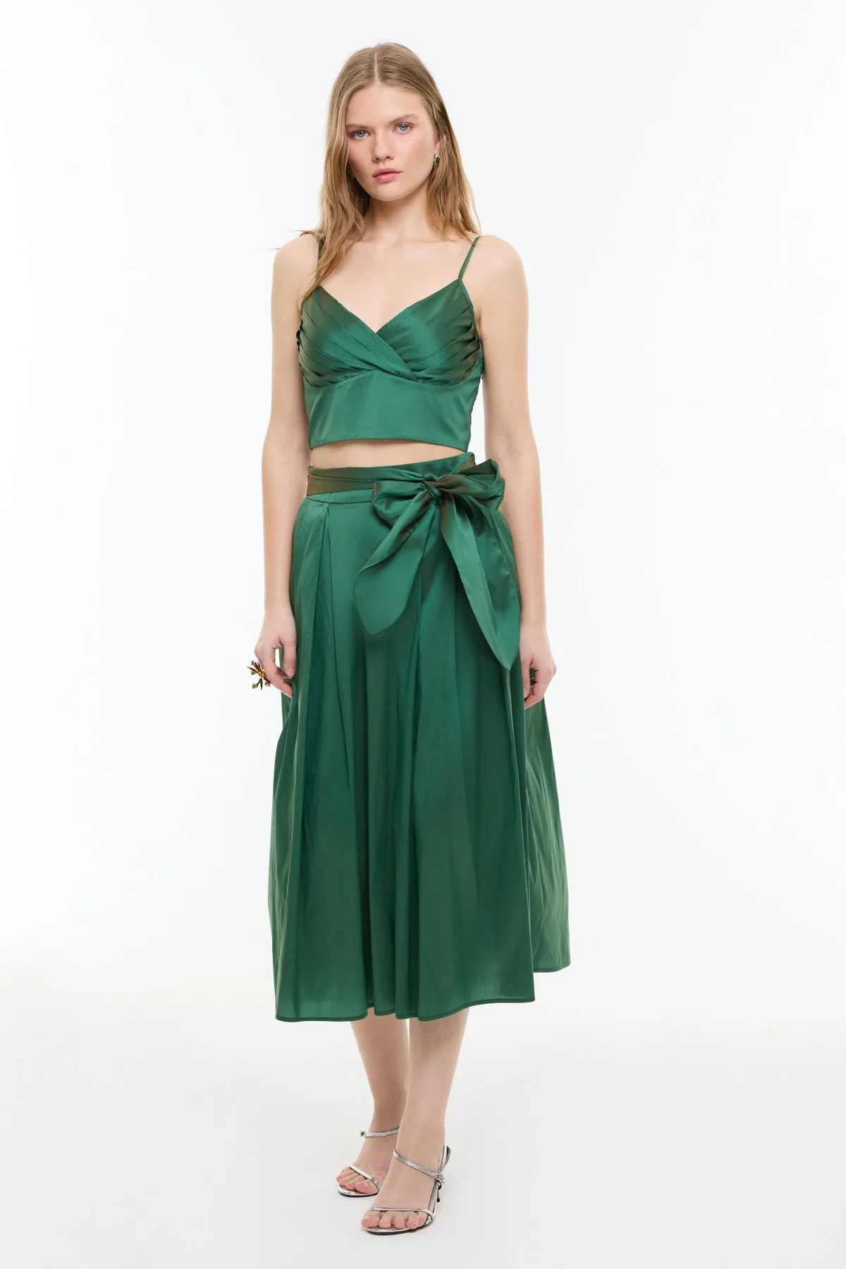 Beli Bağlama Detaylı Midi Boy Tafta Etek Yeşil - 1