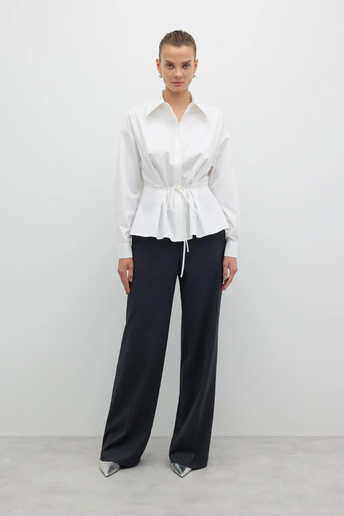 Beli Bağlama Detaylı Peplum Gömlek Beyaz - 5