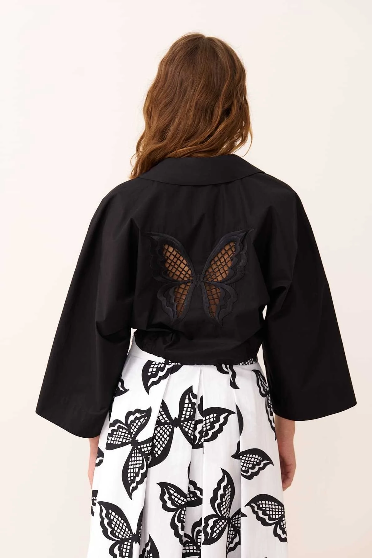 Beli Bağlamalı Yarasa Kol Crop Poplin Gömlek Siyah - 2