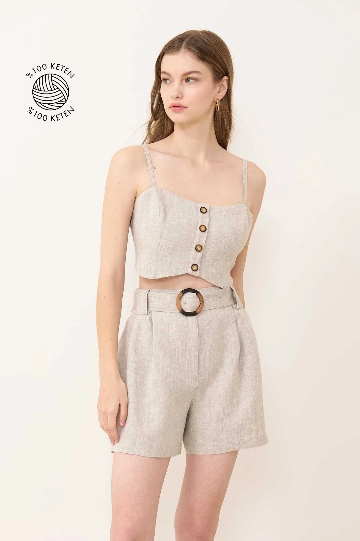 Beli Kemerli Çift Pileli Keten Şort Naturel - 1
