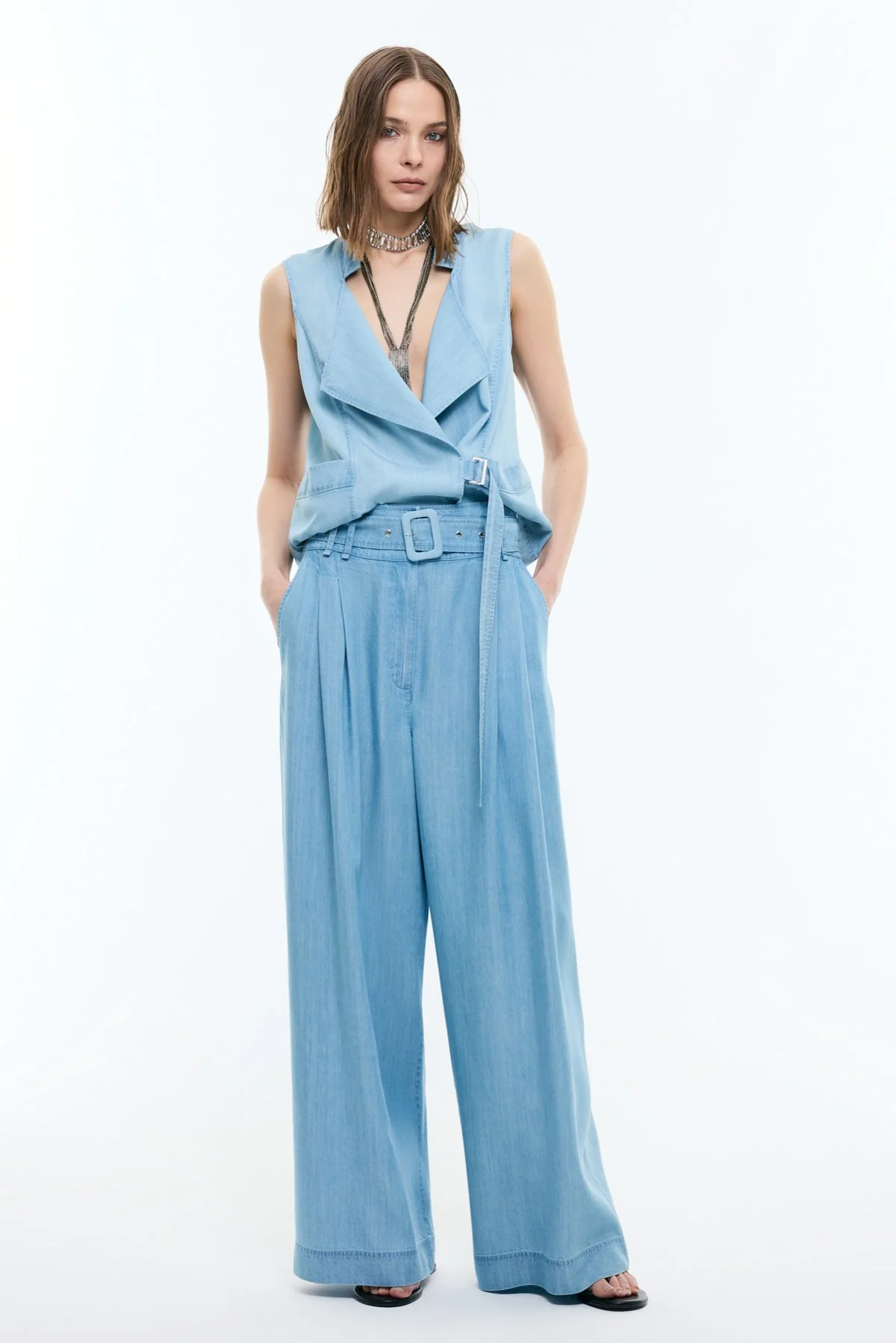 Beli Kemerli Denim Palazzo Pantolon Mavi - 1