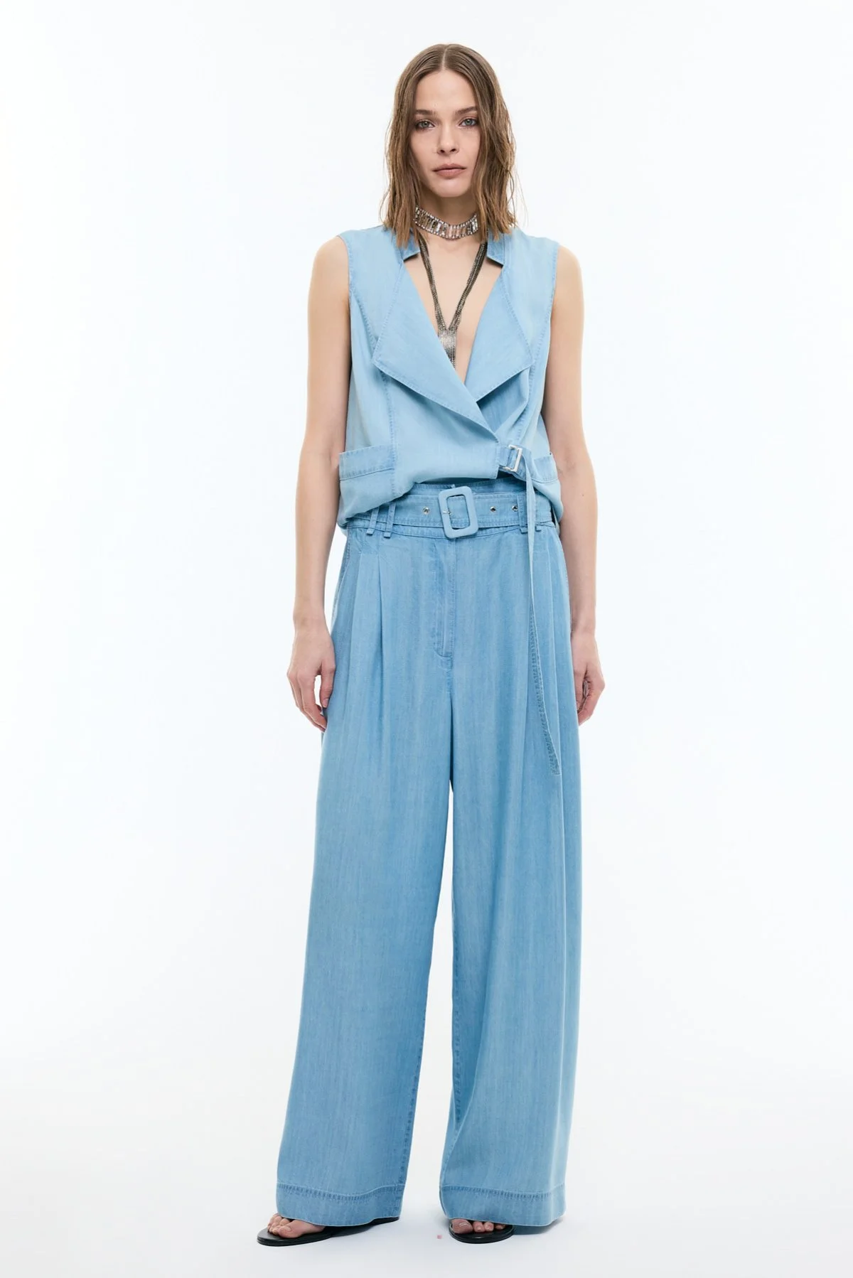 Beli Kemerli Denim Palazzo Pantolon Mavi - 3