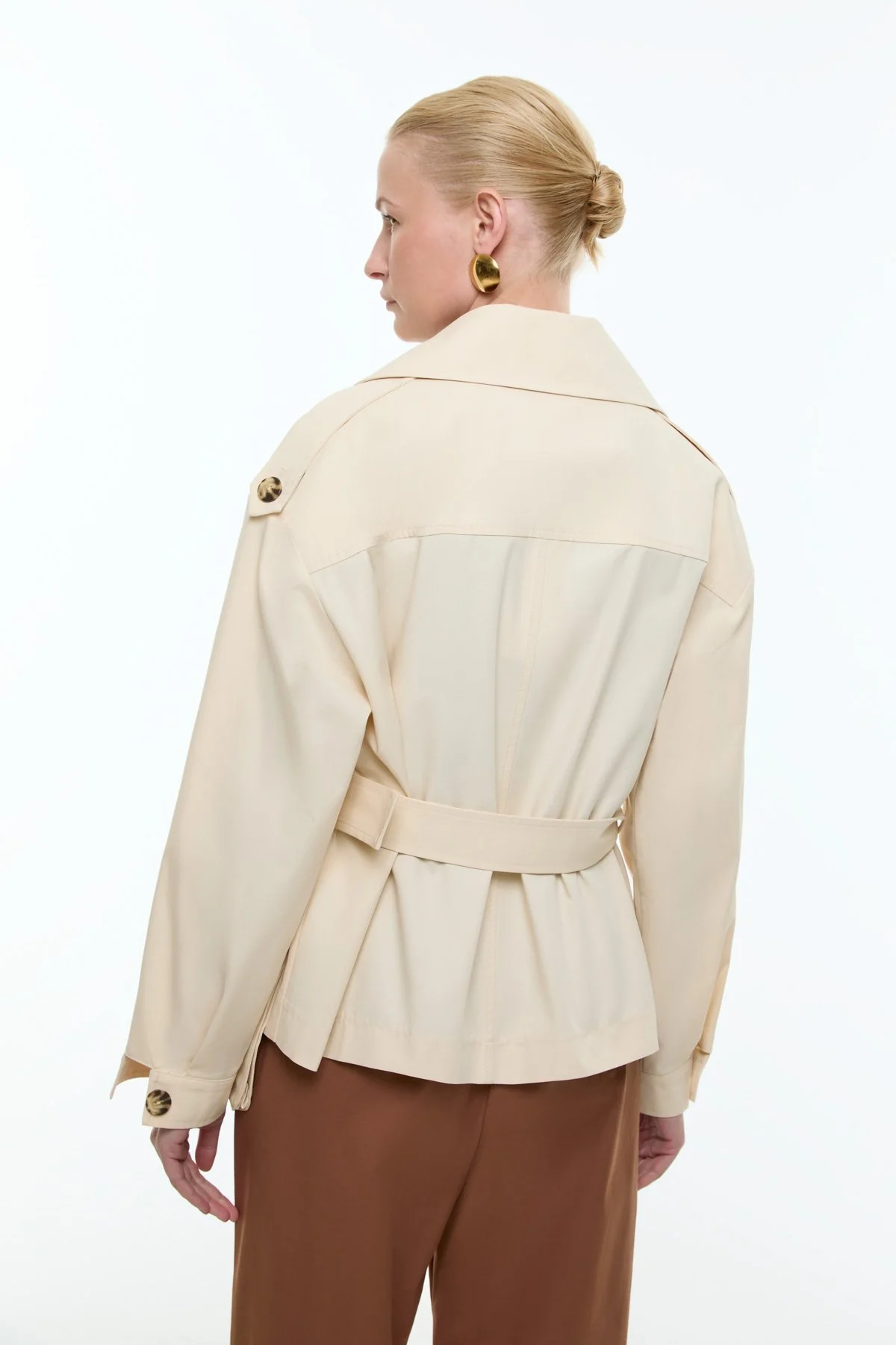 Beli Kemerli Kruvaze Kısa Trençkot Bej - 2