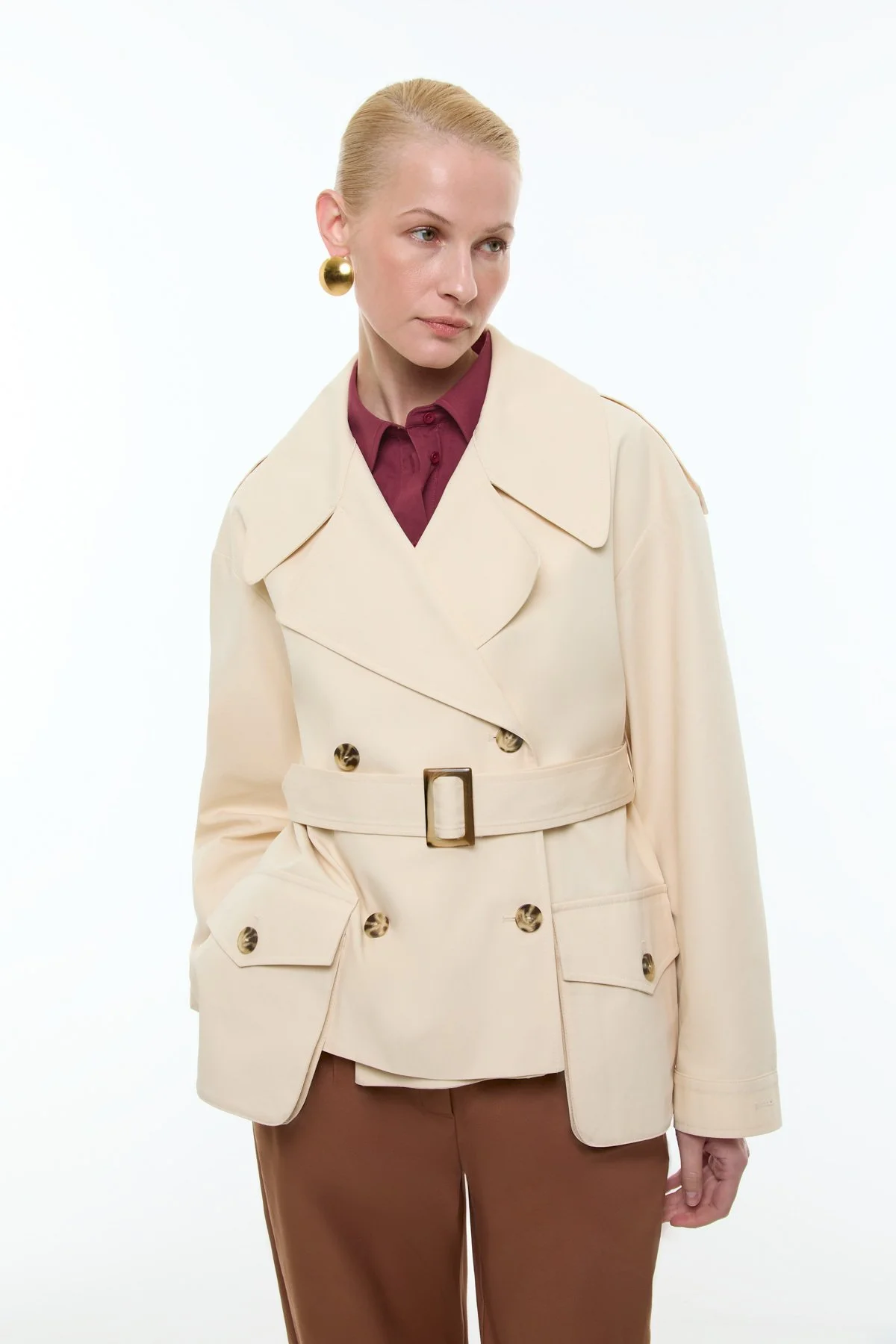 Beli Kemerli Kruvaze Kısa Trençkot Bej - 1