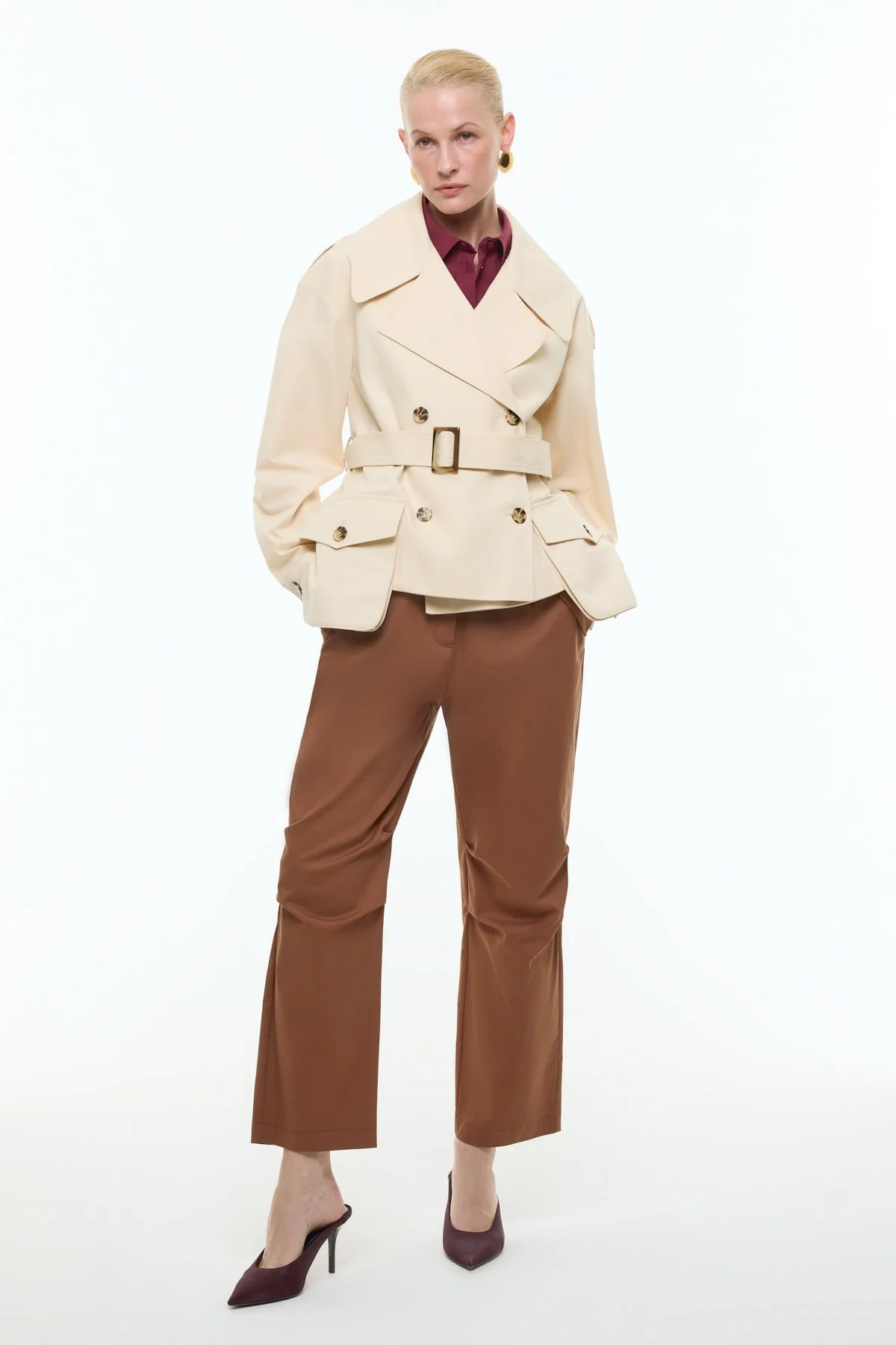 Beli Kemerli Kruvaze Kısa Trençkot Bej - 3