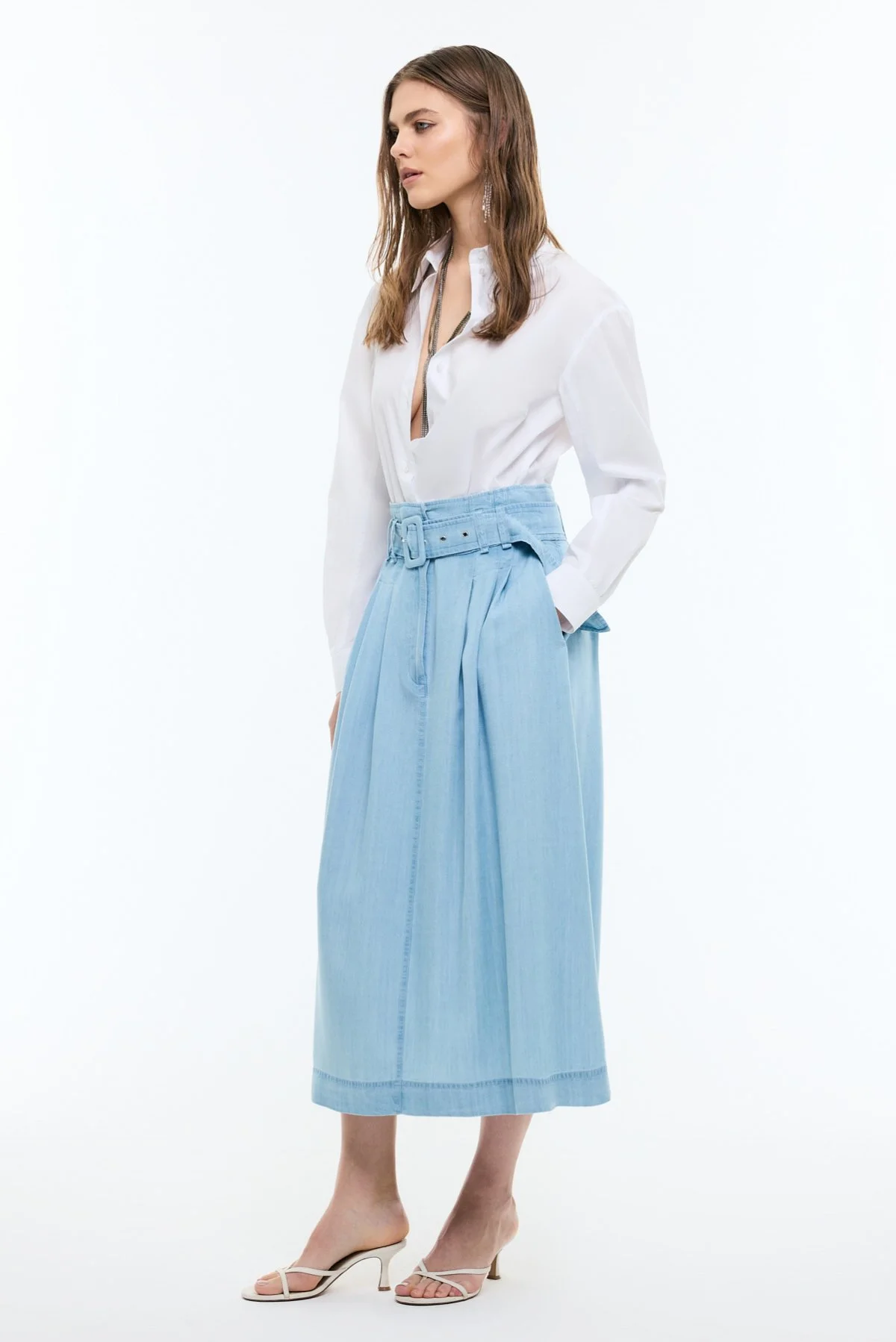 Beli Kemerli Midi Boy Denim Etek Mavi - 3