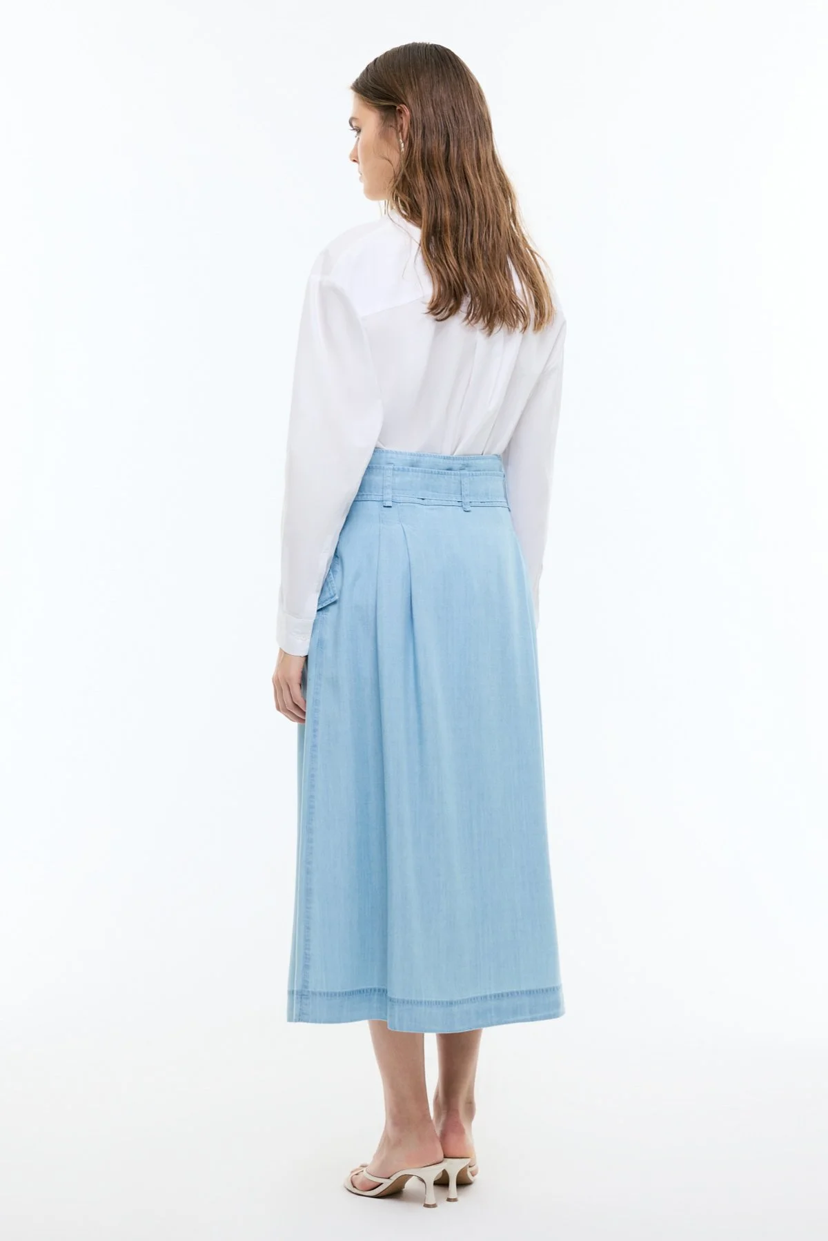 Beli Kemerli Midi Boy Denim Etek Mavi - 2