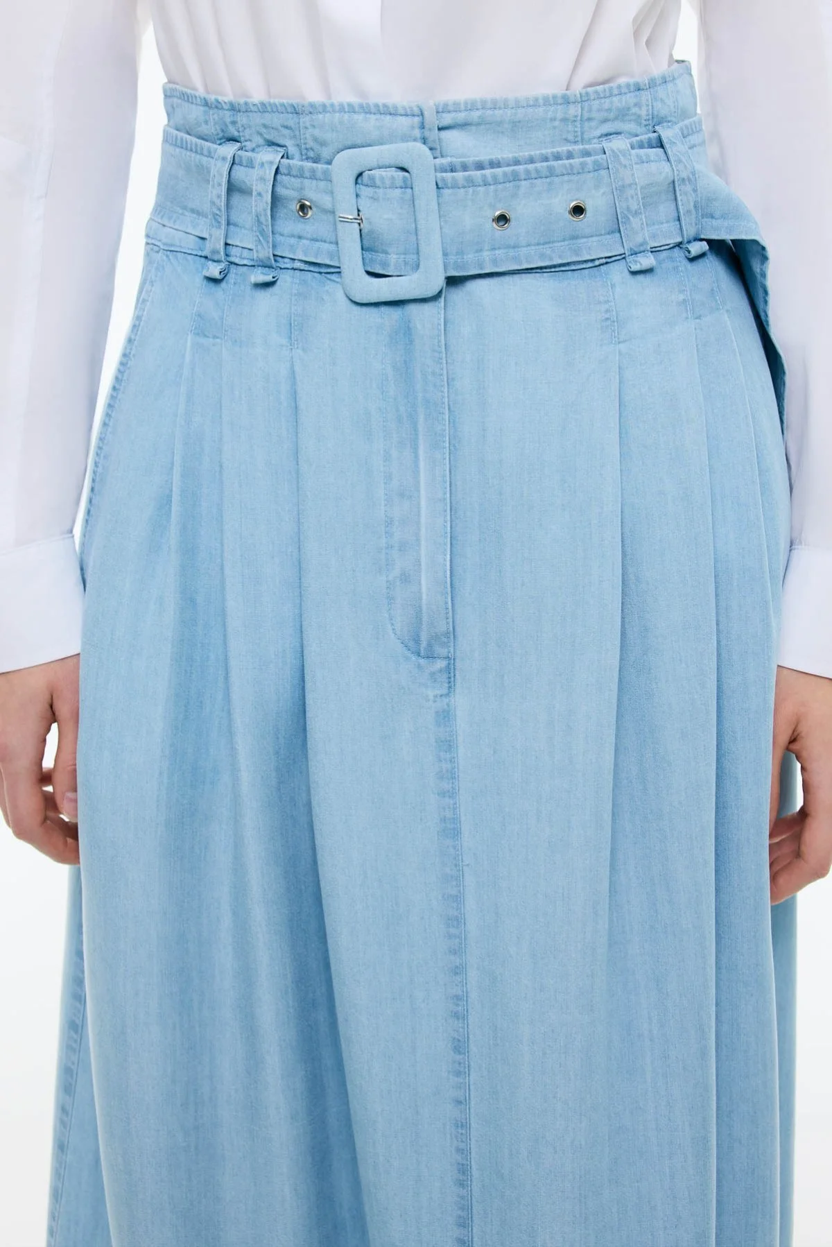 Beli Kemerli Midi Boy Denim Etek Mavi - 4