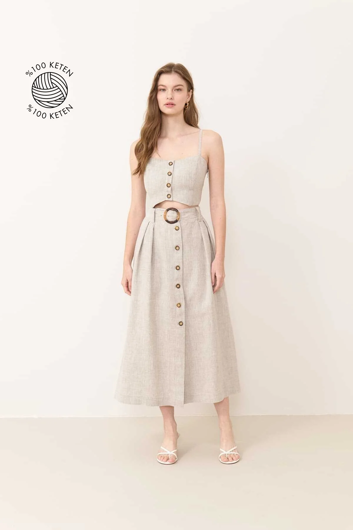 Beli Kemerli Önden Düğmeli Çift Pileli Keten Midi Etek Naturel - 1