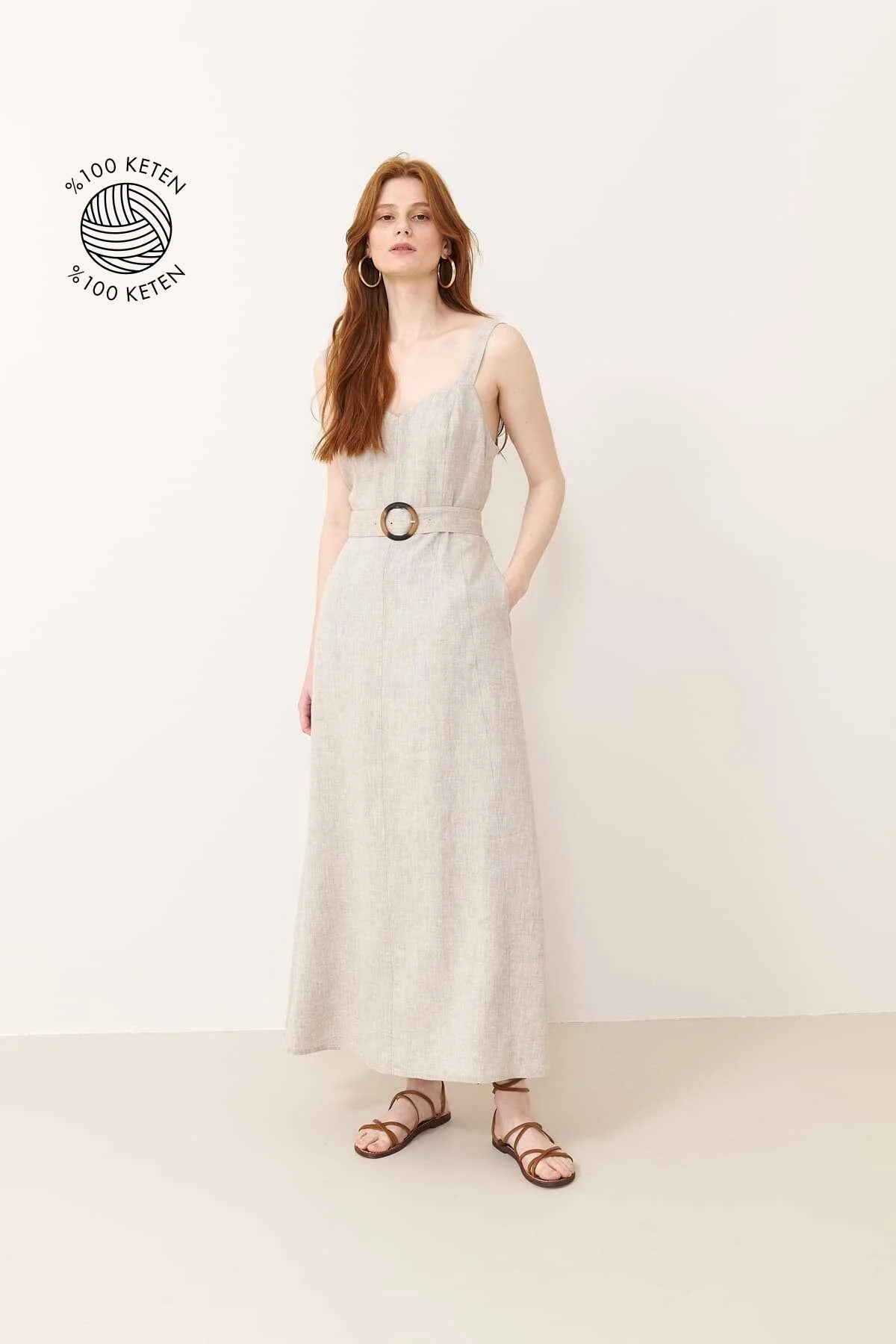 Beli Kemerli V Yaka Kalın Askılı Keten Elbise Naturel - 1
