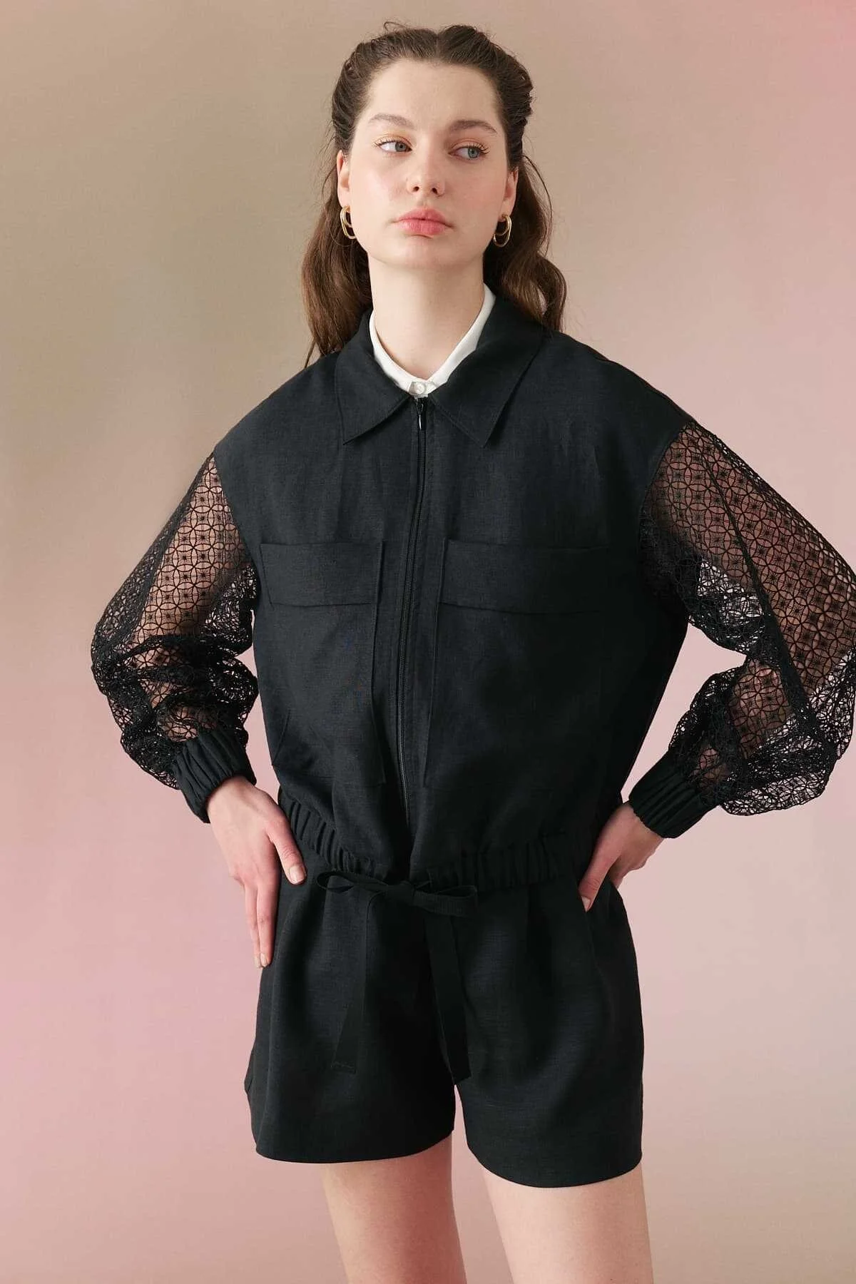 Beli Kuşaklı Keten Bomber Ceket Siyah - 1