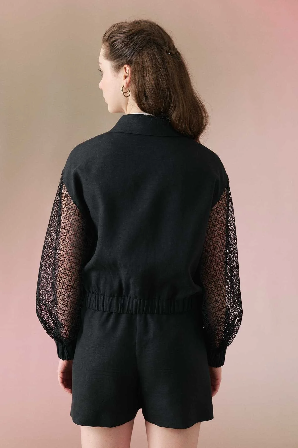 Beli Kuşaklı Keten Bomber Ceket Siyah - 2
