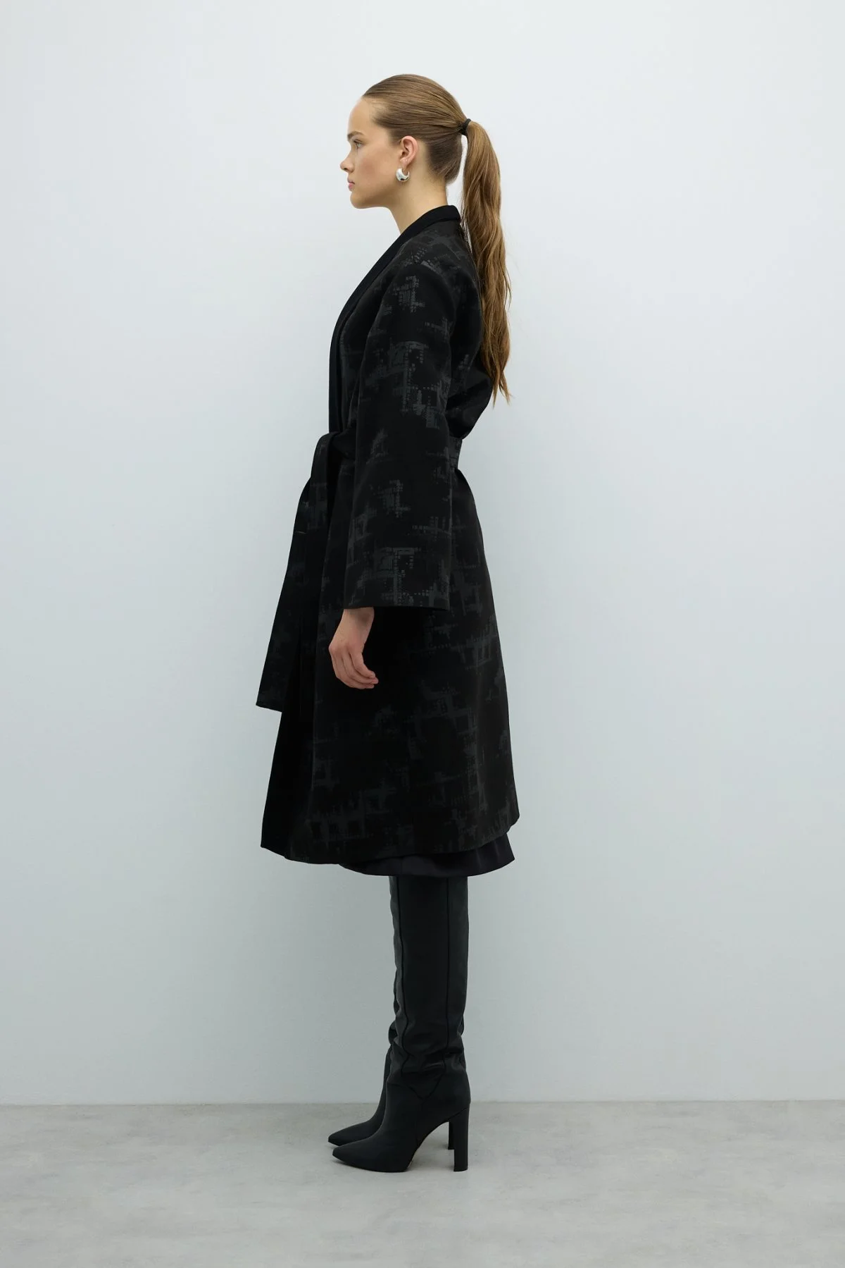 Beli Kuşaklı Şal Yaka Kap Siyah - 4