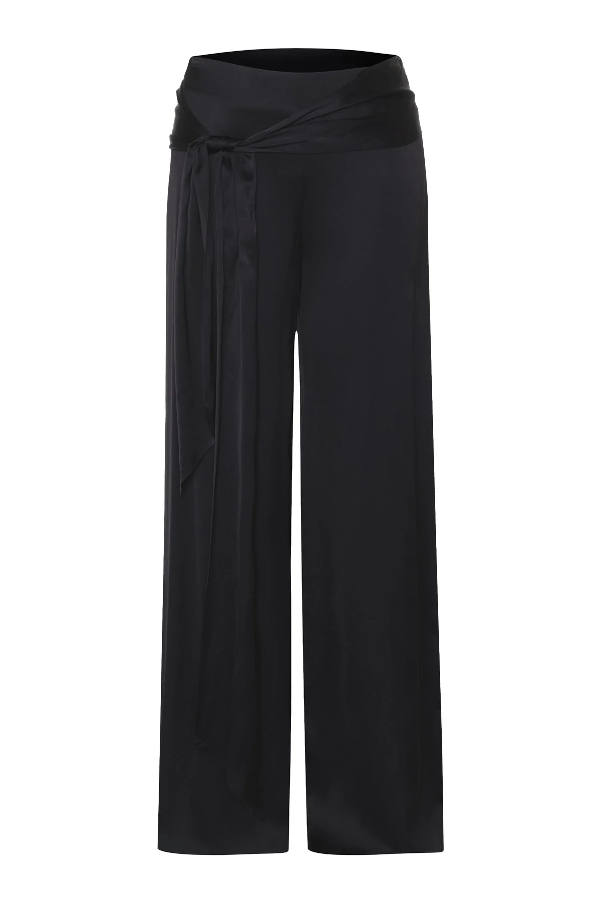 Beli Kuşaklı Saten Pantolon Siyah - 1
