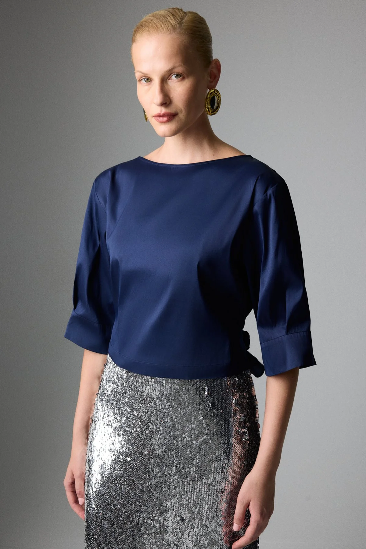 Beli Kuşaklı Truvakar Kol Bluz Lacivert - 1