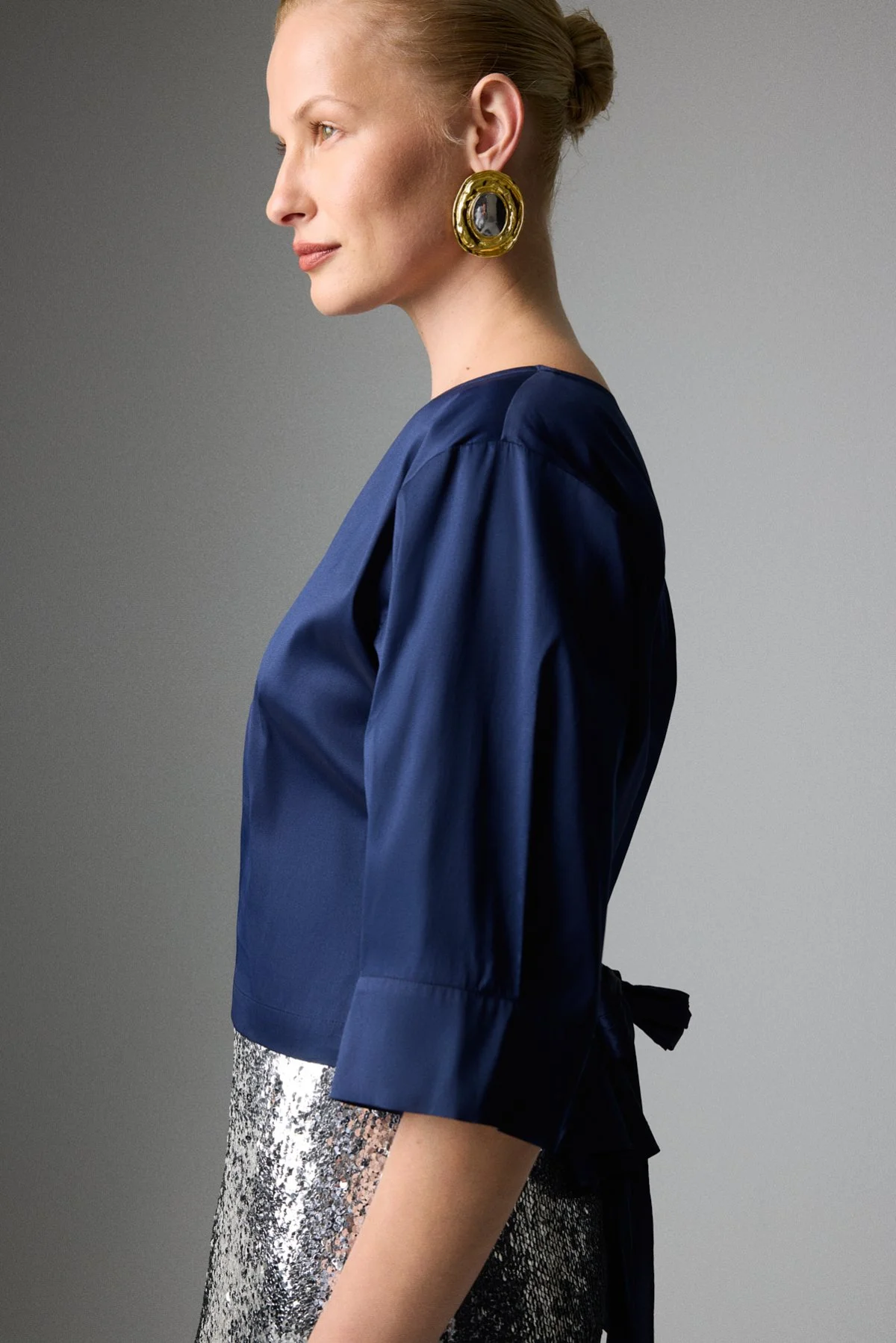 Beli Kuşaklı Truvakar Kol Bluz Lacivert - 3