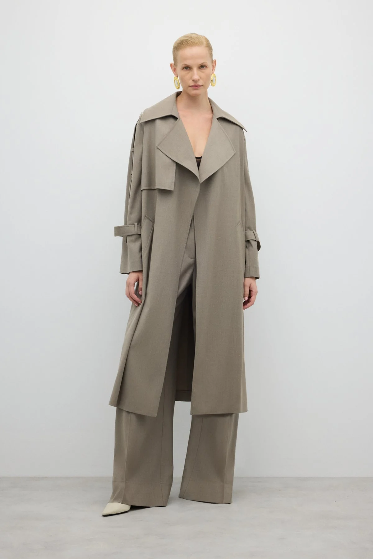 Beli Kuşaklı Yün Karışımlı Geniş Kesim Pardesü Kum Beji - 3