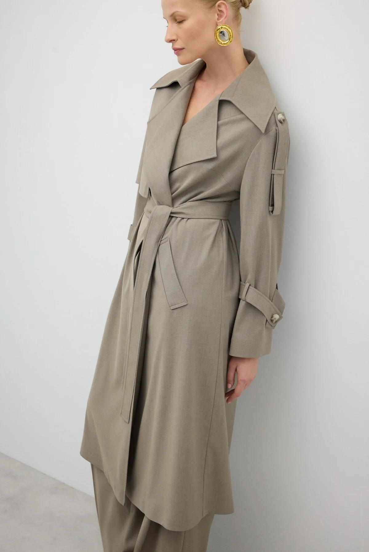 Beli Kuşaklı Yün Karışımlı Geniş Kesim Pardesü Kum Beji - 6