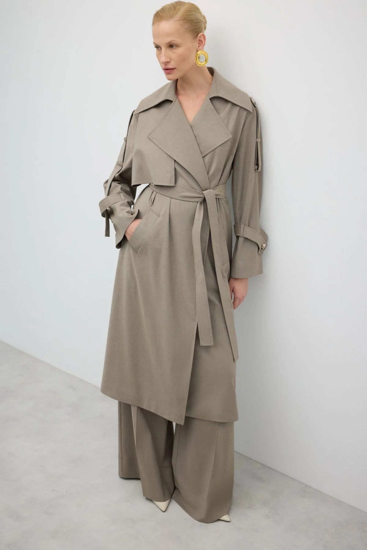 Beli Kuşaklı Yün Karışımlı Geniş Kesim Pardesü Kum Beji - 5