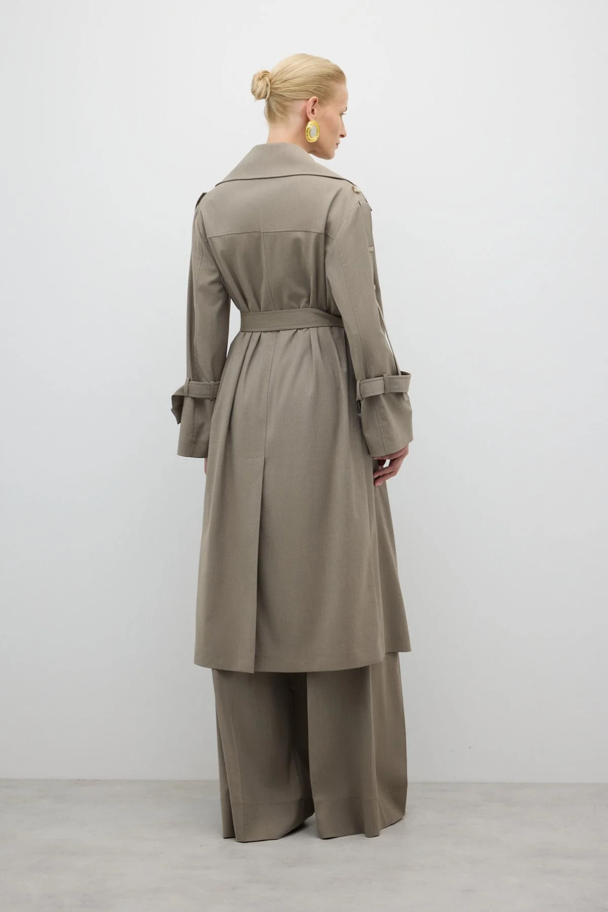 Beli Kuşaklı Yün Karışımlı Geniş Kesim Pardesü Kum Beji - 2