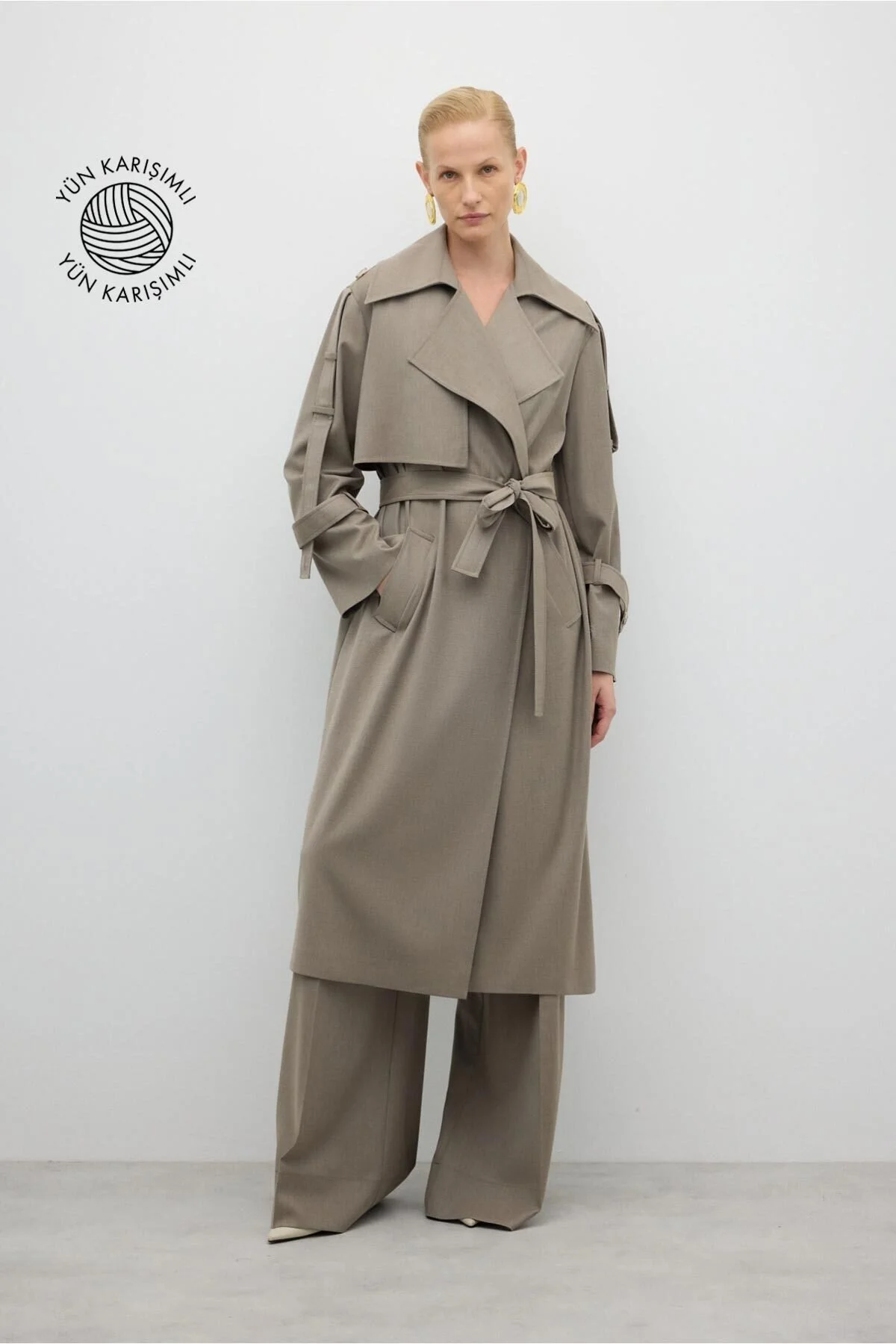 Beli Kuşaklı Yün Karışımlı Geniş Kesim Pardesü Kum Beji - 1