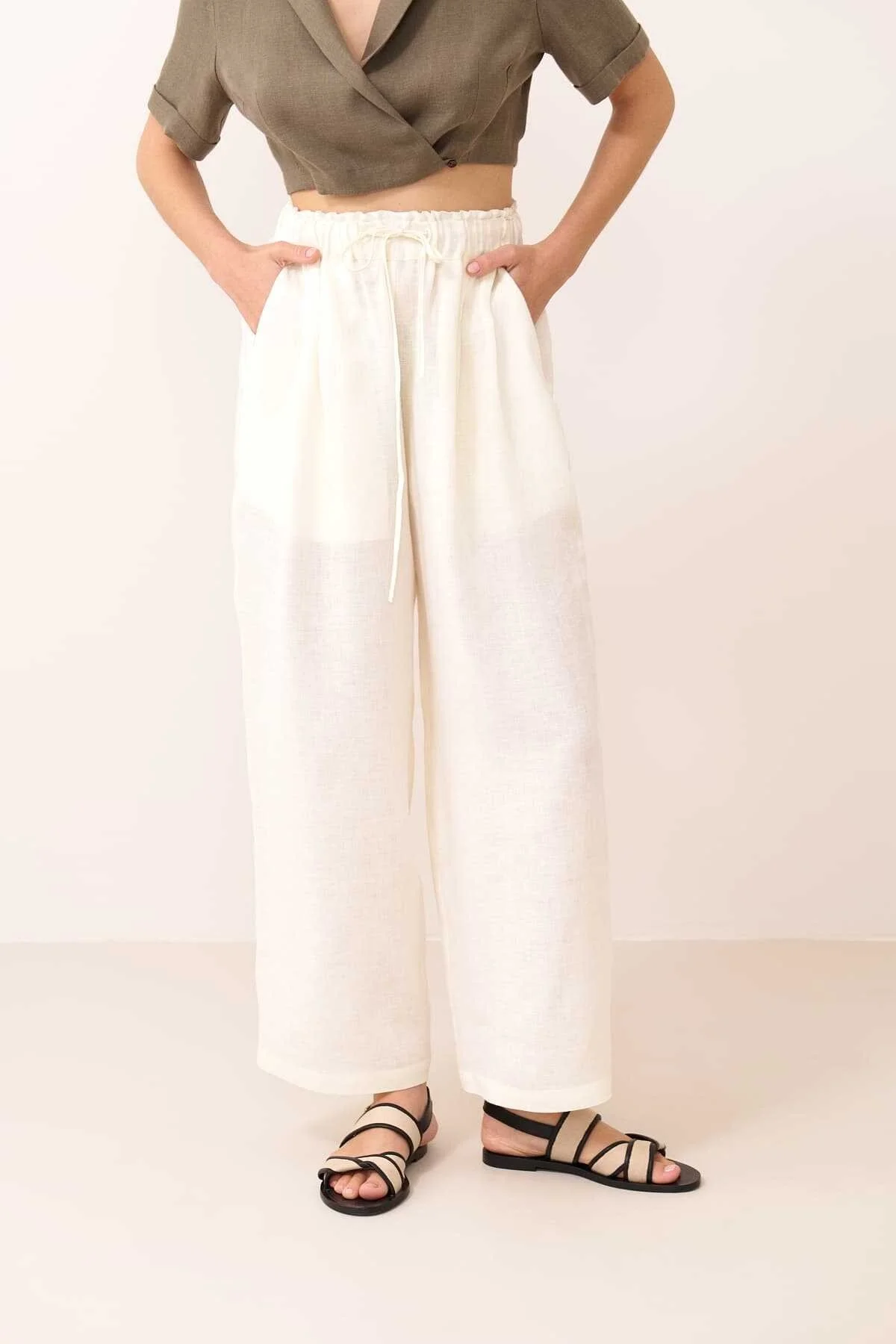 Beli Lastikli Çift Pileli Keten Pantolon Bej - 3
