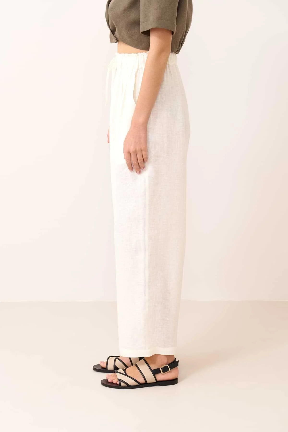 Beli Lastikli Çift Pileli Keten Pantolon Bej - 4