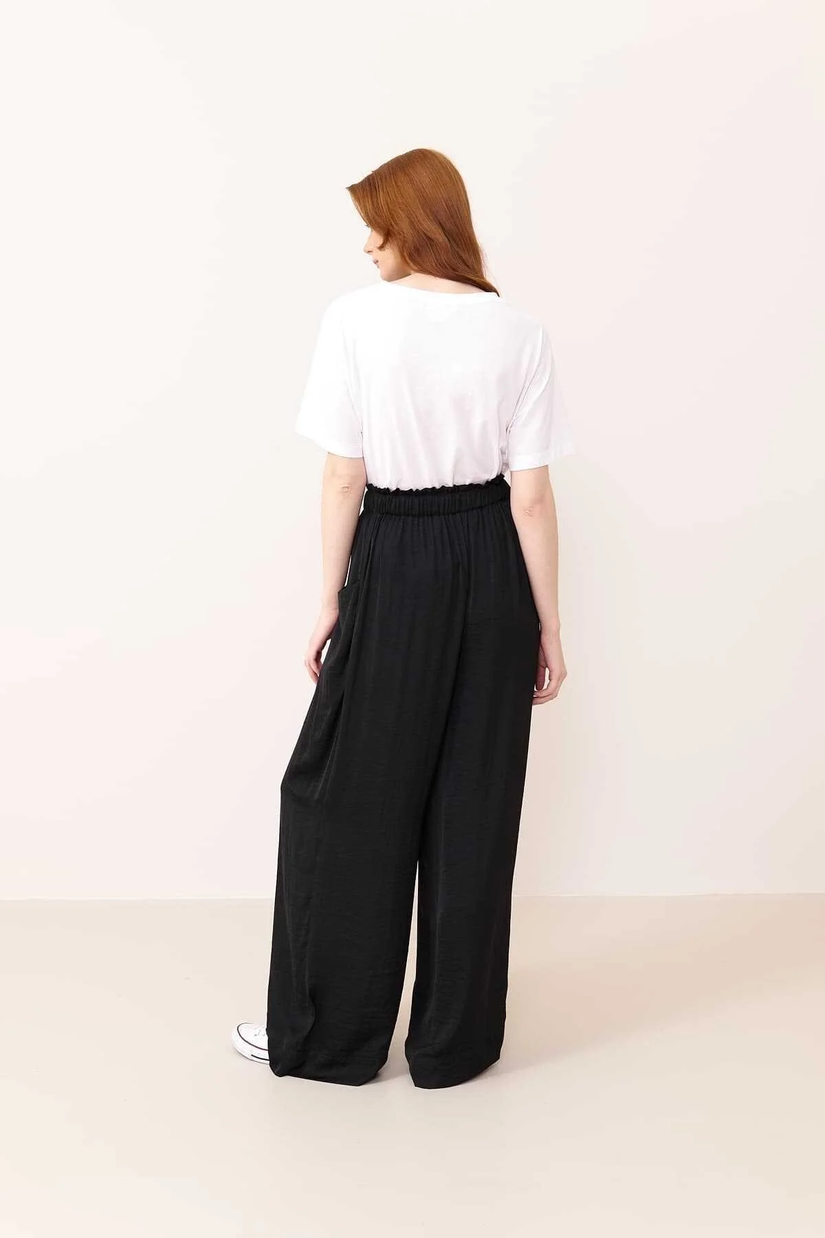 Wide Leg Satin Trousers with Elastic Waist Black - 2