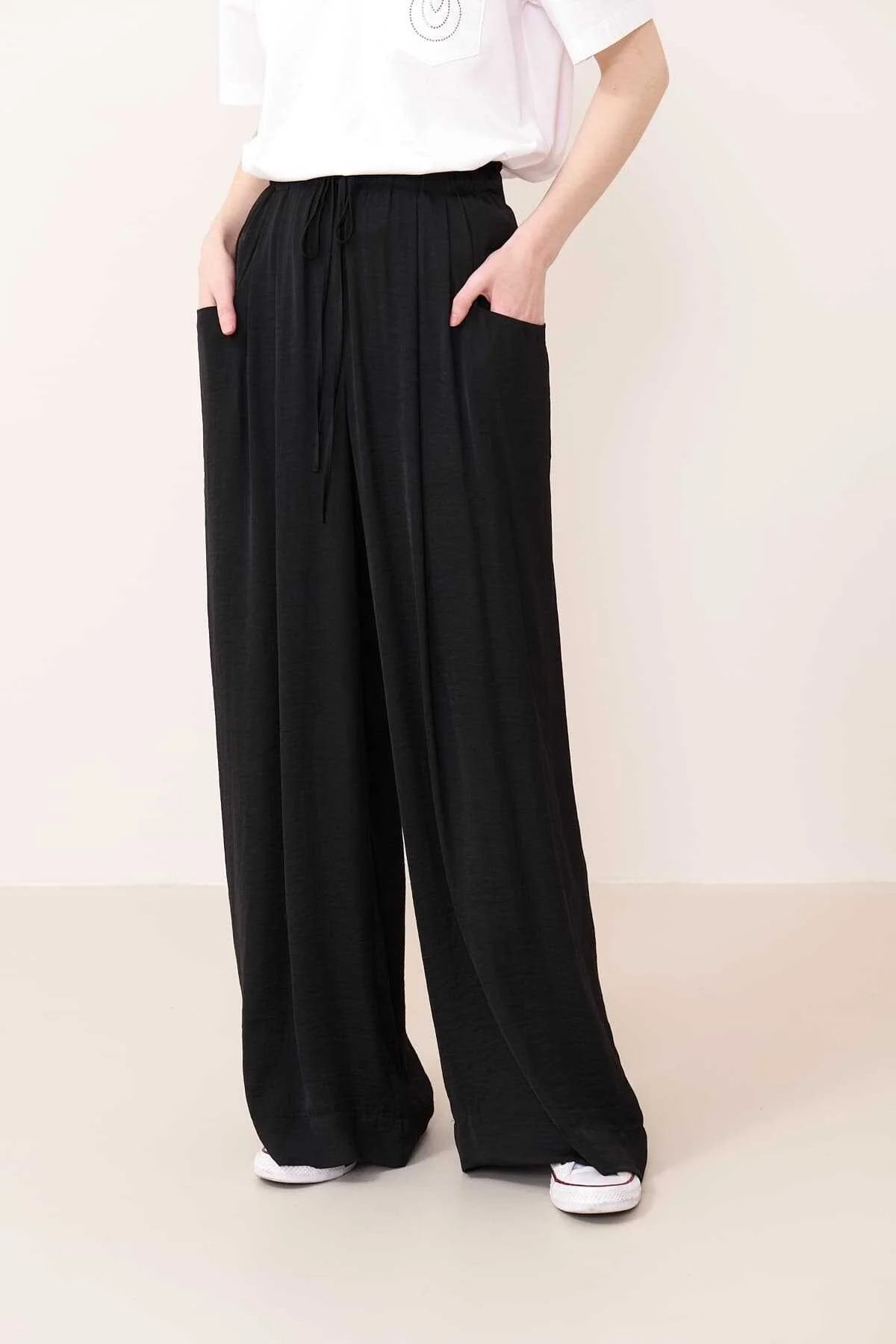 Wide Leg Satin Trousers with Elastic Waist Black - 3