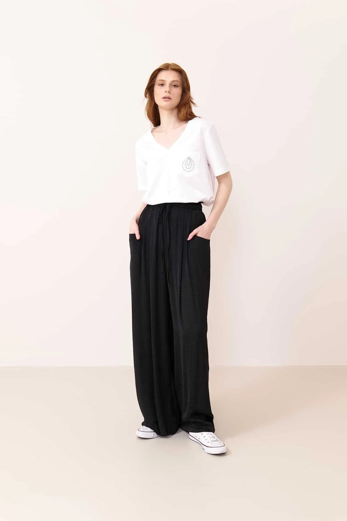 Wide Leg Satin Trousers with Elastic Waist Black - 1