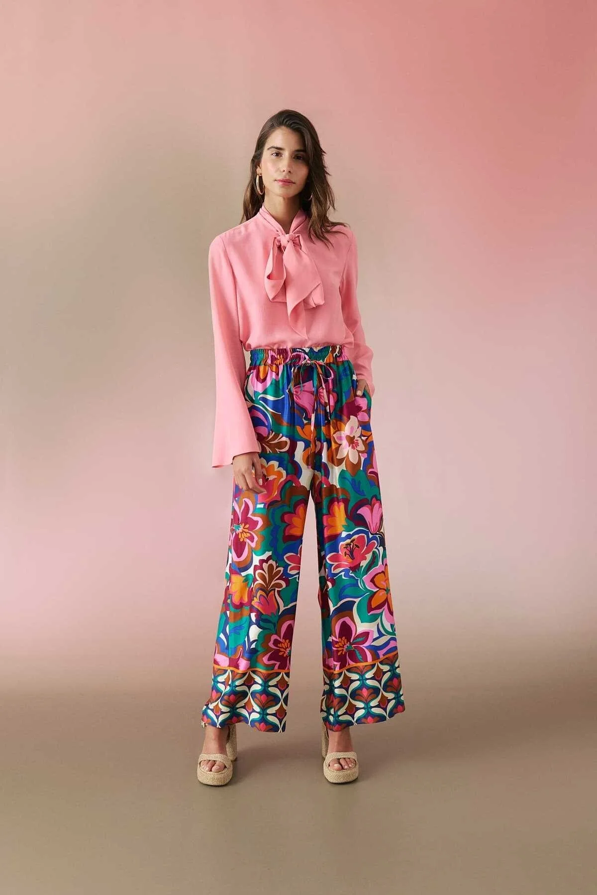 Beli Lastikli Geniş Paça Saten Pantolon Standart Renk - 1