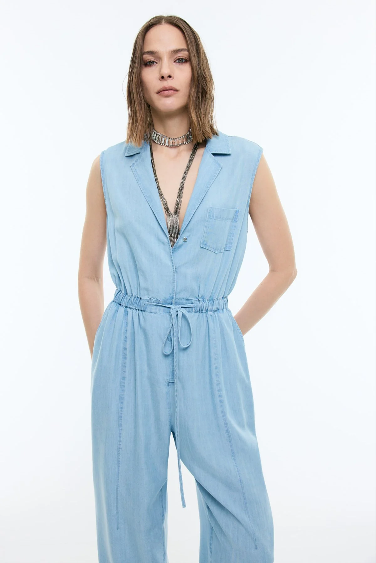 Beli Lastikli Kolsuz Denim Tulum Mavi - 3