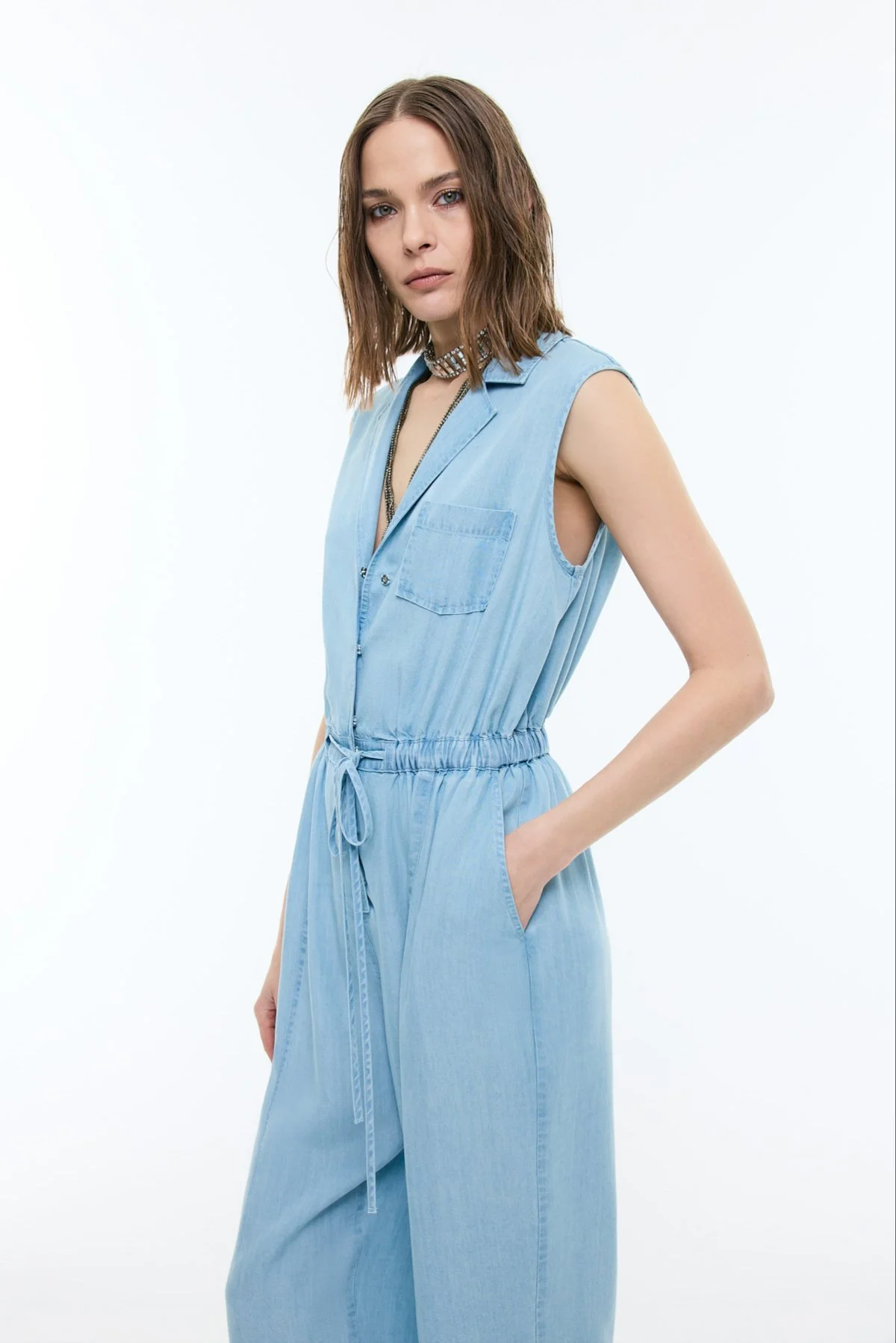 Beli Lastikli Kolsuz Denim Tulum Mavi - 4