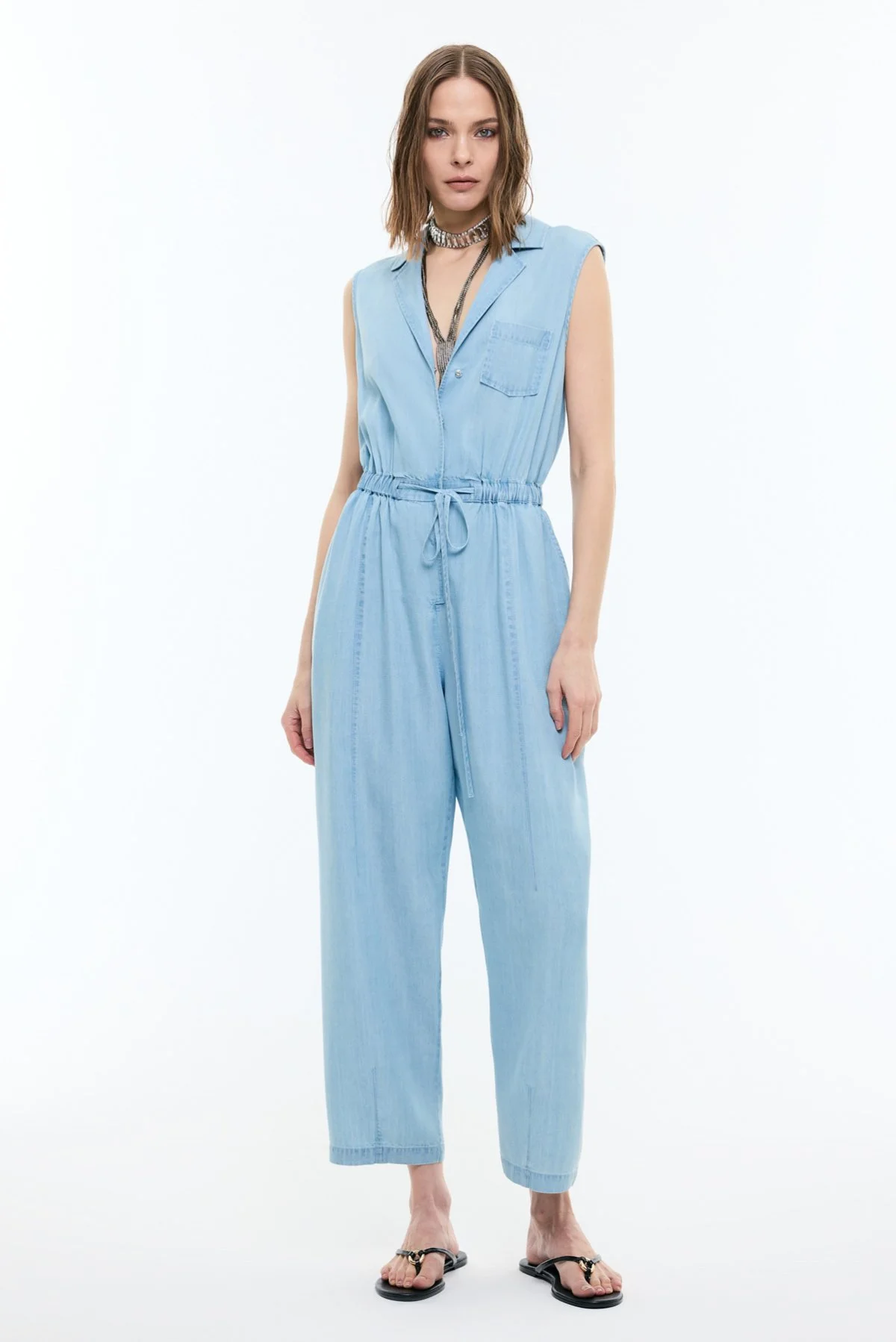 Beli Lastikli Kolsuz Denim Tulum Mavi - 1