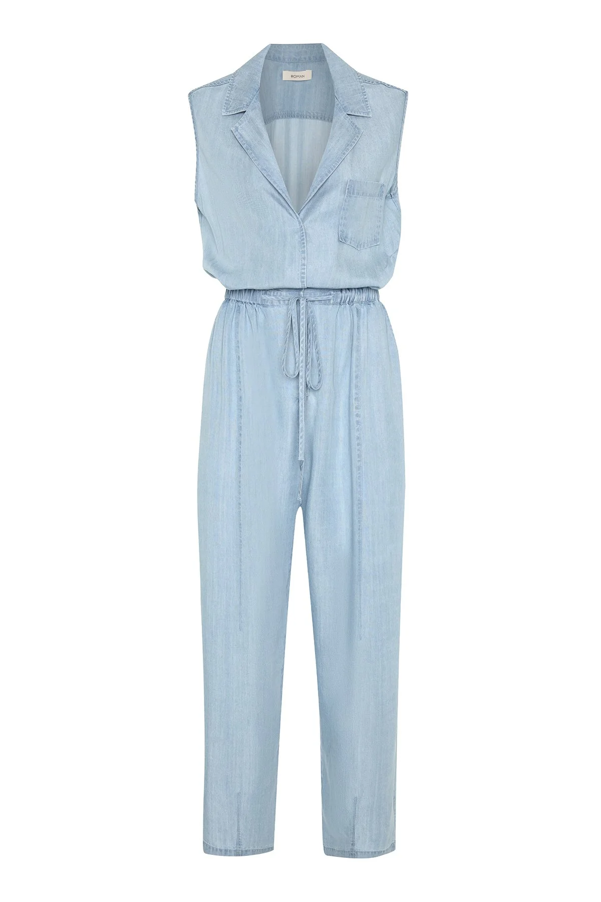 Beli Lastikli Kolsuz Denim Tulum Mavi - 5