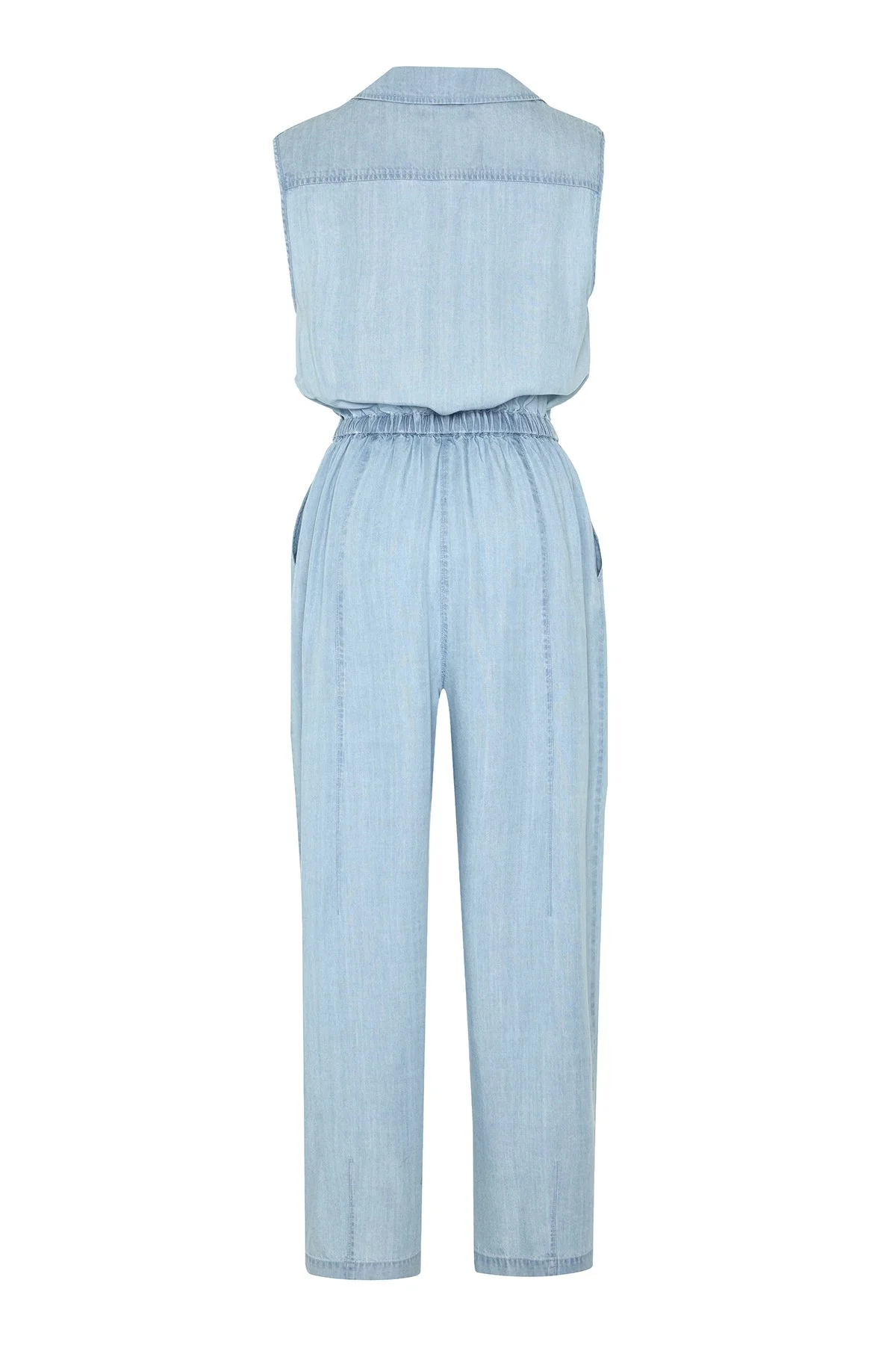 Beli Lastikli Kolsuz Denim Tulum Mavi - 6