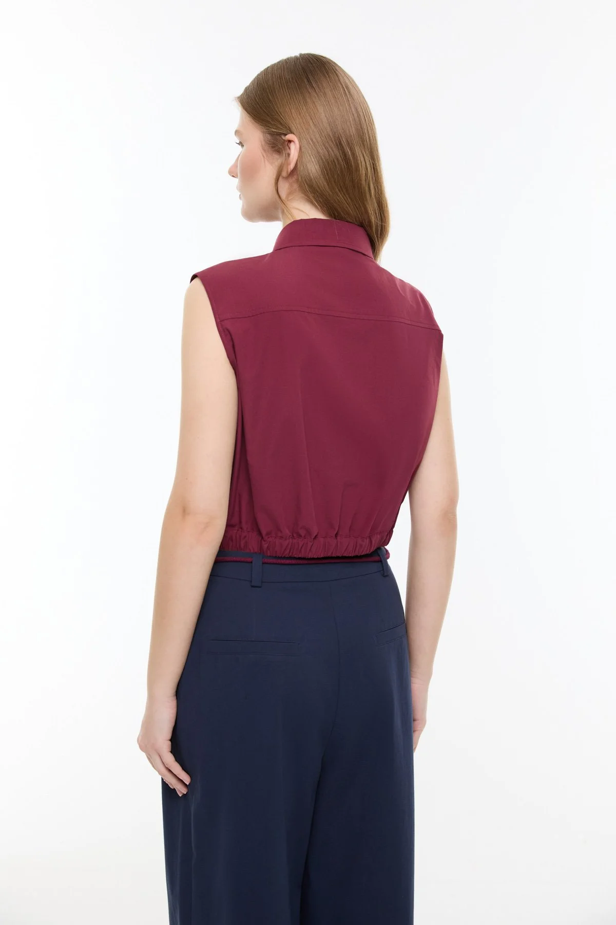 Beli Lastikli Poplin Crop Gömlek Bordo - 2