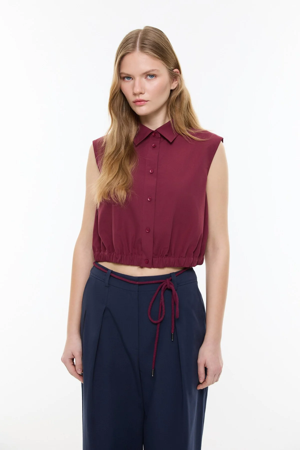 Beli Lastikli Poplin Crop Gömlek Bordo - 1