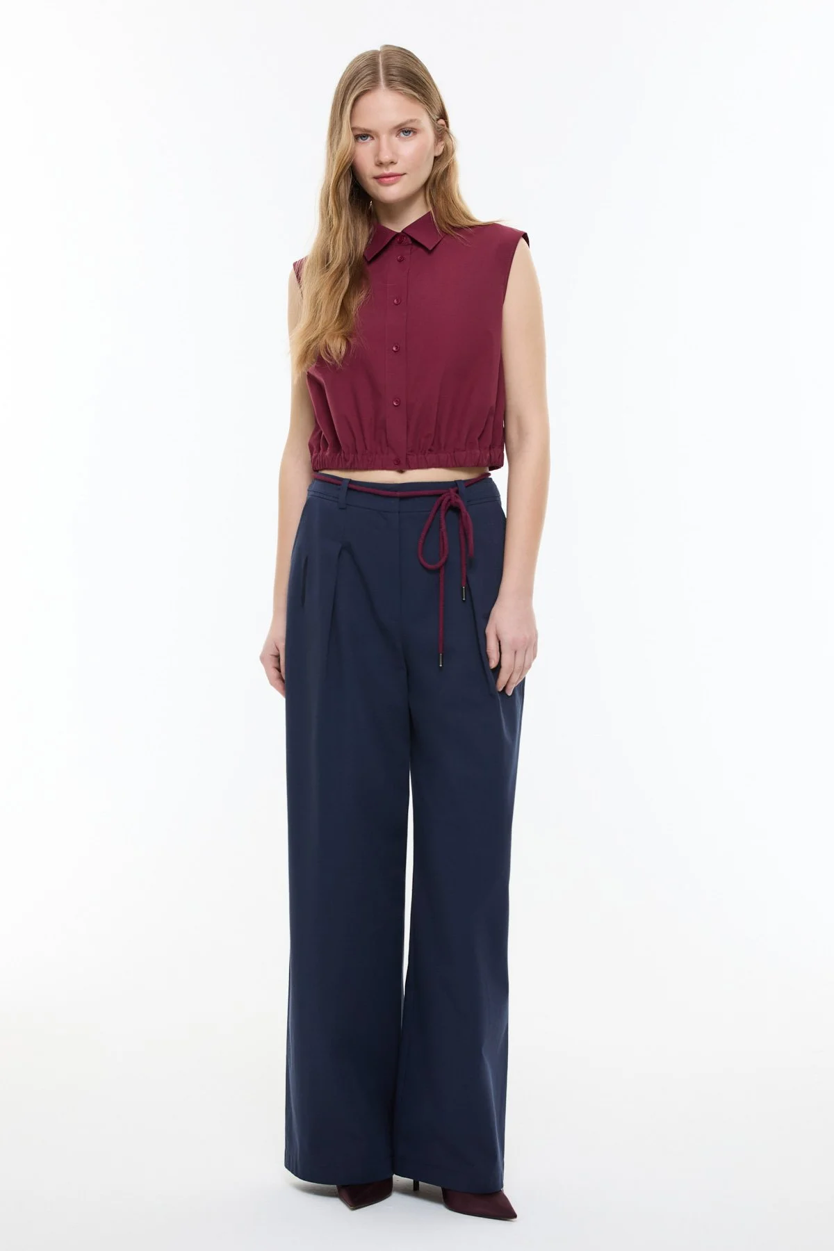 Beli Lastikli Poplin Crop Gömlek Bordo - 6