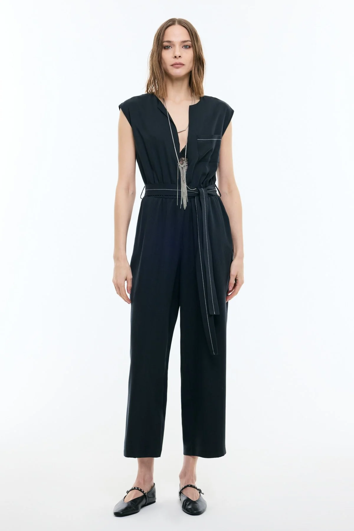 Beli latikli ve Kuşaklı Önü Fermuarlı V Yaka Tulum Lacivert - 1