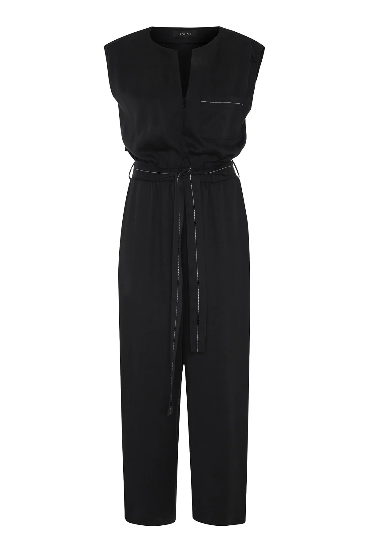 Beli latikli ve Kuşaklı Önü Fermuarlı V Yaka Tulum Lacivert - 4