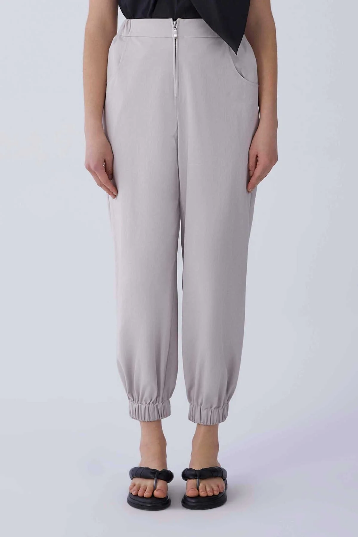 Beli Ve Paçası Lastikli Kadın Pantolon Taş - 1