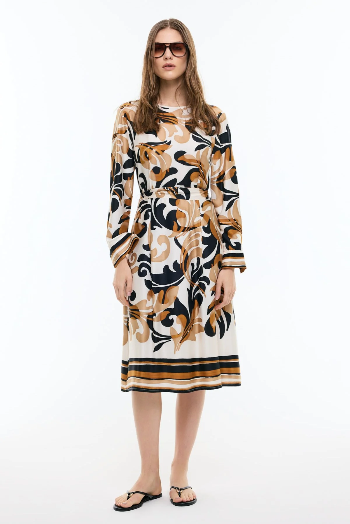 Bisiklet Yaka Beli Kuşaklı Midi Boy Elbise Standart Renk - 1