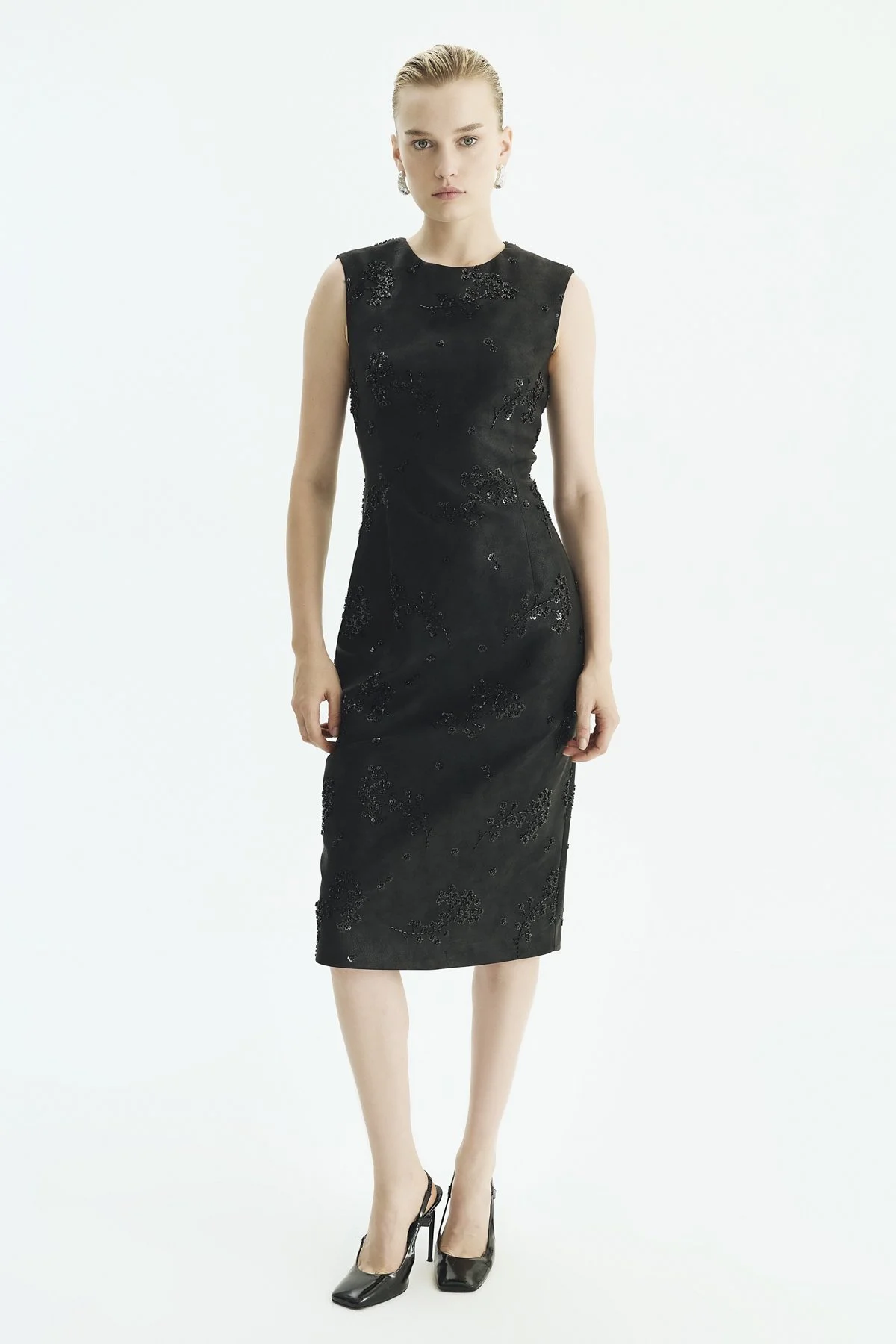 Bisiklet Yaka Fit Midi Elbise Siyah - 1