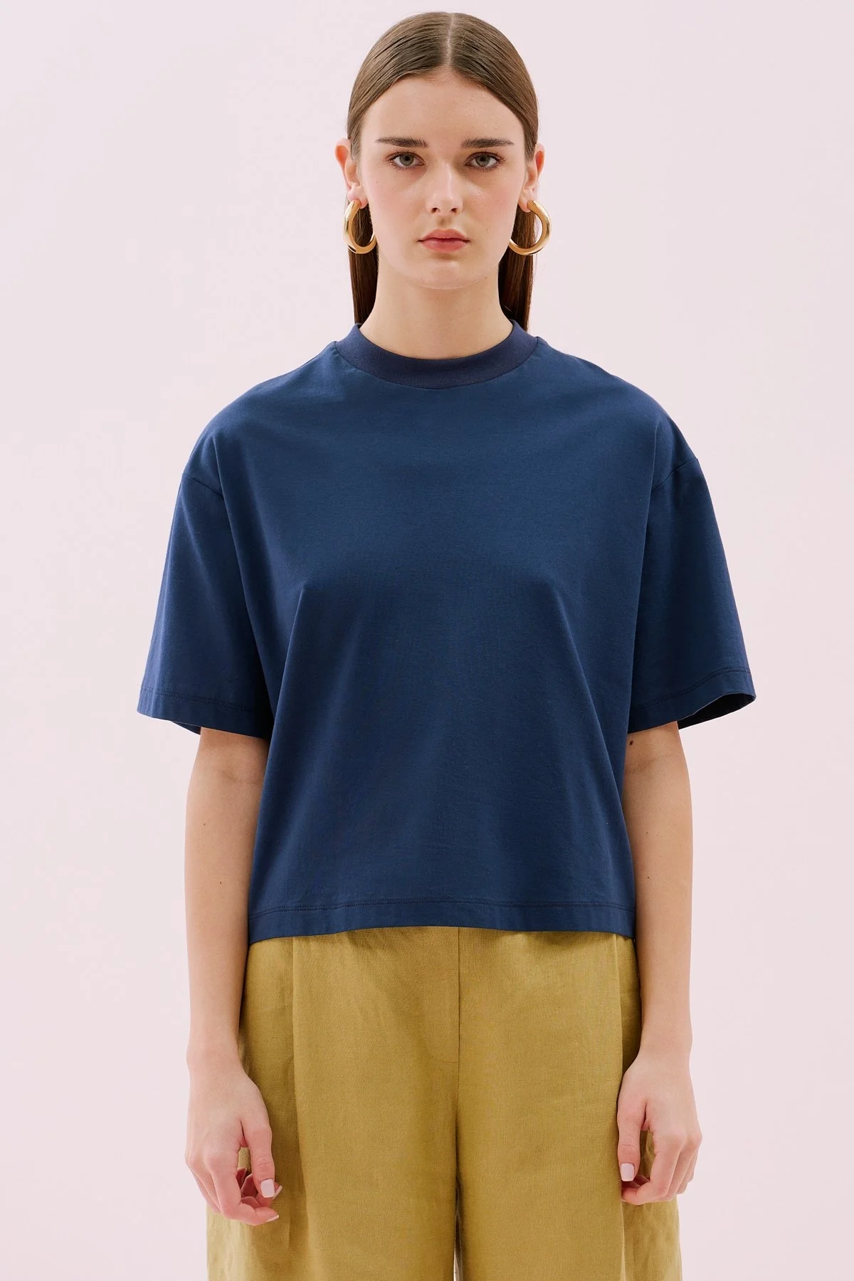 Bisiklet Yaka Kısa Kol Crop T-shirt Lacivert - 3